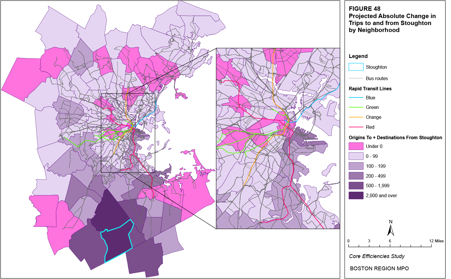 This map shows the projected absolute change in trips to and from the Stoughton neighborhood by neighborhood.